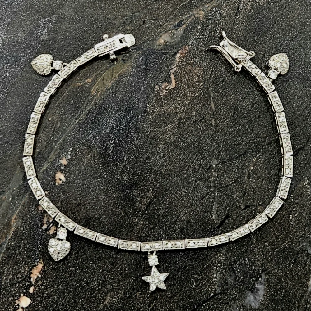 Sterling silver hearts star pave charm bracelet CZ VGUC feminine girlhoodcore